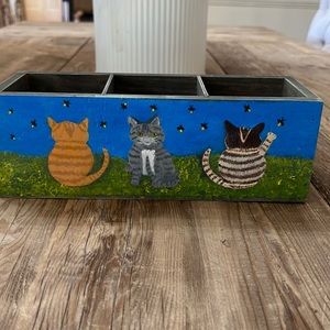Cats hand painted on wooden box organizer.